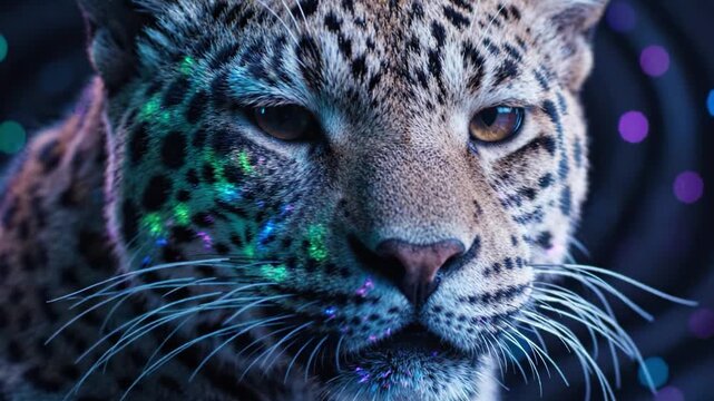Majestic Close-Up of a Leopard Showcasing Intricate Fur Patterns and Captivating Eyes Under Vibrant Lighting