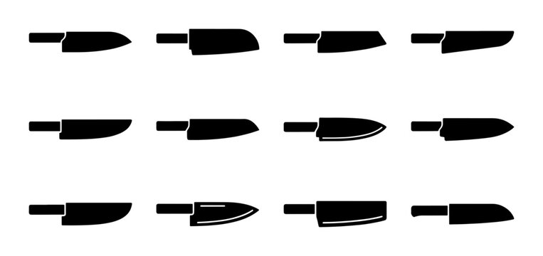 Collection of 12 Black Knife Silhouettes, Culinary Tools, Kitchenware Icons, Chef Knives, Slicing Blades, Food Preparation Vector Graphics