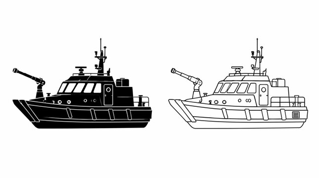 Fireboat Silhouette and Line Art Vector Illustration
