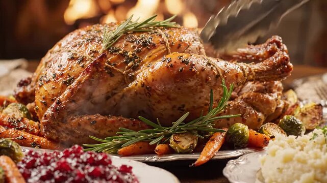 A Deliciously Roasted Thanksgiving Turkey Served with Colorful Vegetables, Savory Gravy, and Festive Accompaniments Perfectly Presented for the Holiday Feast