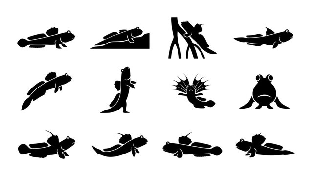 Mudskipper Icons Set, Aquatic Amphibious Fish Vector Graphics, Marine Wildlife Silhouette Collection, Underwater Creature Illustrations