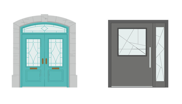 Two stylish house entrance doors showcasing a traditional turquoise double door and a modern dark grey single door.