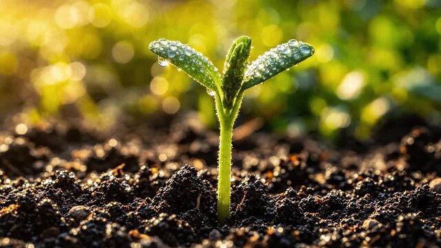 A resilient seedling emerges powerfully from rich dark soil, displaying fresh green leaves glistening in sunlight, symbolizing growth and new beginnings in nature's vibrant ecosystem.