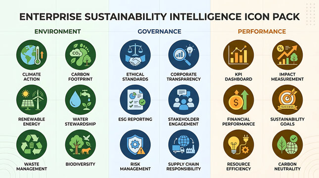 Business icons showcase sustainable practices and performance metrics in a corporate environment.
