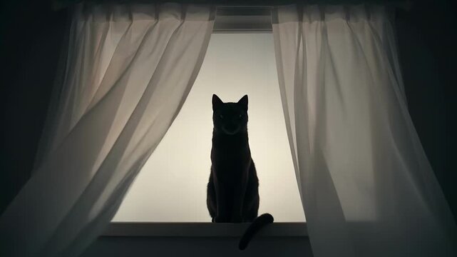 Silhouette of cat sitting in window framed curtains