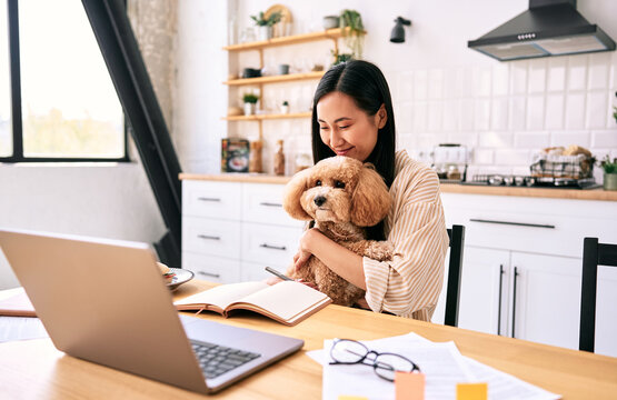 Woman working at home with her dog in the kitchen.