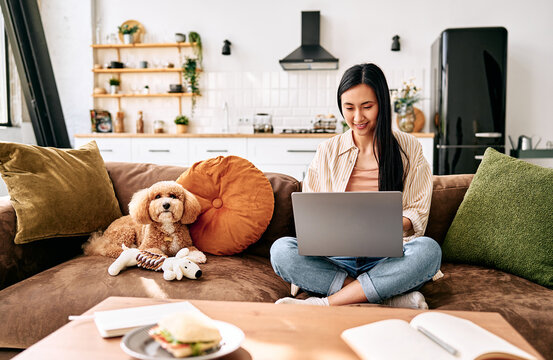 Young woman using laptop on sofa with pet dog at home