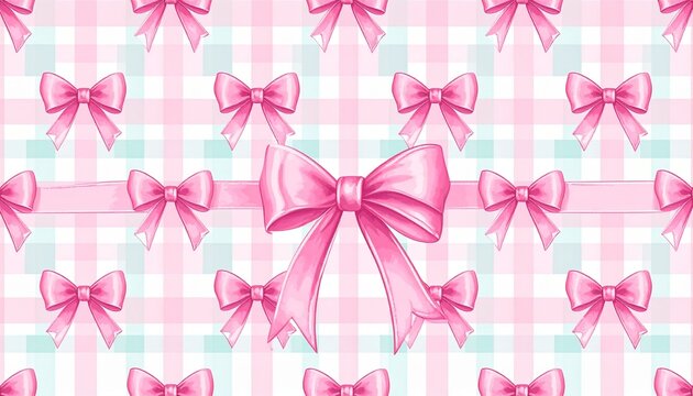 Pink bows in diagonal rows on pastel diamond background.