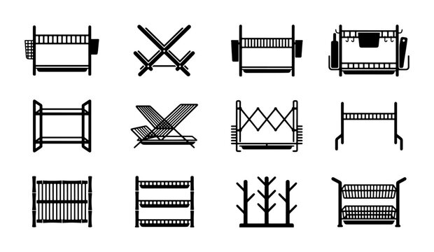 Kitchen Dish Rack Icons, Drying Shelf Vector Set, Utensil Holder Graphics, Kitchenware Organization Elements