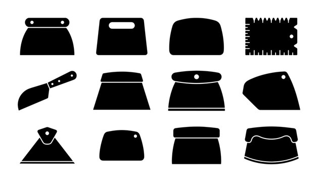 Baking Tools Collection, 12 Piece Vector Set of Dough Scrapers and Knives, Culinary Utensils for Pastry and Bread Making, Black Icons