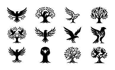 Obraz premium Elegant Eagle and Bird Tree Logos, Vector Icons Set, Heraldic Crest Symbols for Branding and Design