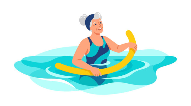 Active senior woman doing water aerobics with noodle in swimming pool wellness flat design vector illustration.