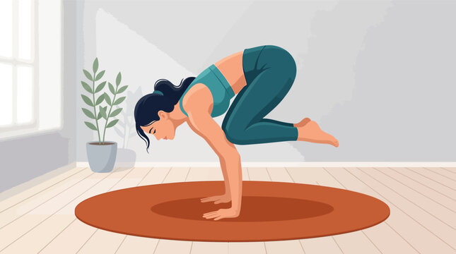 Athletic woman practicing advanced yoga arm balance crow pose in bright minimalist studio flat design vector illustration
