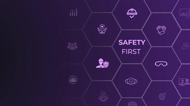 Safety first concept. Working standard process. Safety at workplace, safety first, hazards, protections, health, regulations. Zero accidents. Animation of 4k video. 

