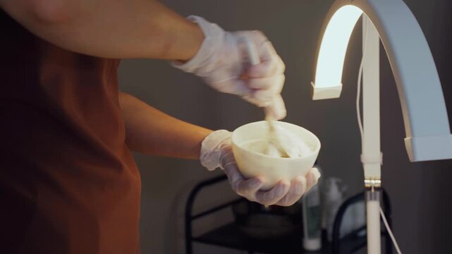 Beauty expert preparing. Skilled professional mixing skincare ingredients. Skilled skincare specialist vigorously preparing nourishing exfoliating mixture in pristine clinical environment
