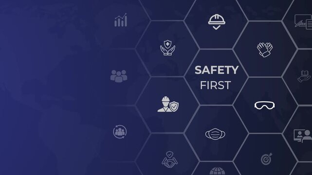 Safety first concept. Working standard process. Safety at workplace, safety first, hazards, protections, health, regulations. Zero accidents. Animation of 4k video. 

