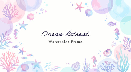 海のイラスト背景,水彩風の珊瑚と貝殻、タツノオトシゴ、夏の爽やかフレーム枠、パステルカラーの海洋デザイン背景、大人かわいい広告素材,ベクター,マリン風サマーリゾート背景,海の生き物の飾り枠 © DROP DESIGN STUDIO