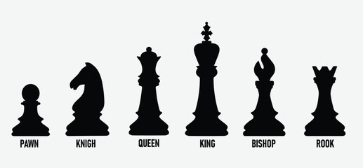 Chess Pieces Silhouette Set Vector Collection with Pawn Knight Queen King Bishop and Rook © Muhammad Ali
