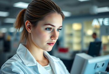 Fototapeta premium Focused female scientist working in high-tech lab environment