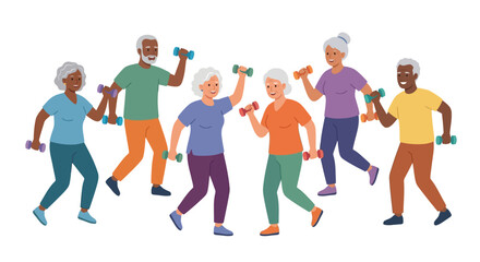 Obraz premium Active diverse senior citizens participating in low impact dumbbell workout session flat design vector illustration.