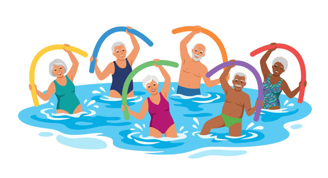 Active diverse senior group practicing water aerobics with colorful pool noodles in a swimming pool flat vector illustration.