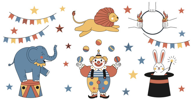 Circus animals and clown with rabbit in hat illustration.