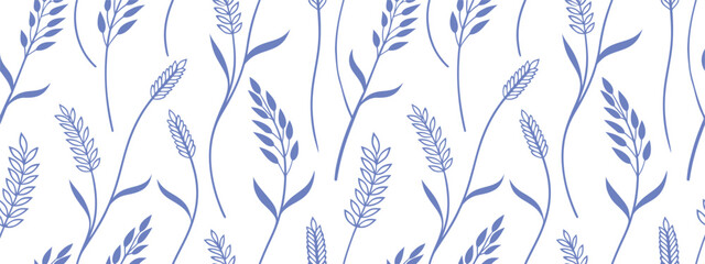 "Blue wheat stalk seamless pattern with hand-drawn watercolor grain and slender stems. This rustic botanical design suits fabric, wallpaper, and packaging. A delicate repeating print ideal for textile © Parul