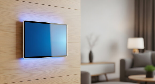 Smart home gadget on wooden wall in modern living room