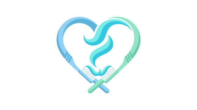 Blue and green toothbrushes crossed forming heart with mint toothpaste swirl flat vector illustration.