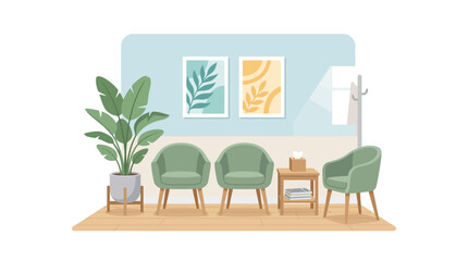 Fototapeta premium Clean minimalist dental clinic waiting room with green armchairs flat vector illustration.