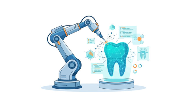 Advanced robotic arm scanning a digital holographic tooth model for dental technology flat vector illustration.