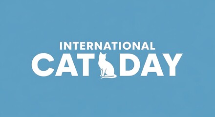 Fototapeta premium International Cat Day banner with white cat silhouette icon on blue background for greeting card and social media post