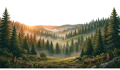 Coniferous Forest Sunrise with Morning Fog Realistic Vector Landscape Illustration © MDSohag