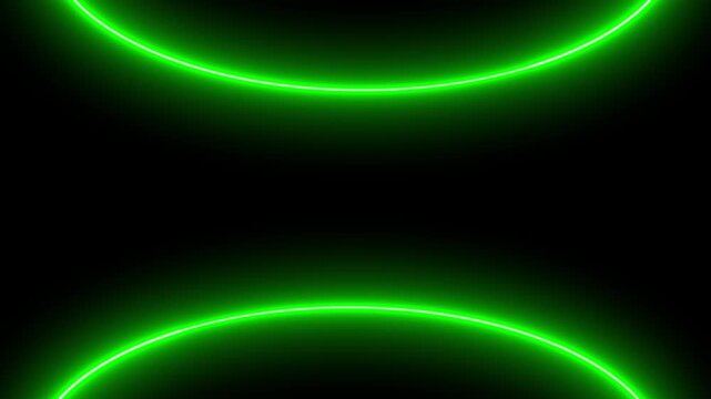 Abstract green neon glowing curved border lines frame template on black background