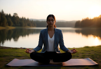 Fototapeta premium Businesswoman meditating outdoors by lake at sunset