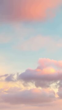 Dreamy pastel clouds drifting across a soft pink sky, vertical video featuring gentle cloud movement, delicate colors and a peaceful fantasy atmosphere