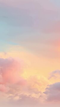 Dreamy pastel clouds drifting across a soft pink sky, vertical video featuring gentle cloud movement, delicate colors and a peaceful fantasy atmosphere