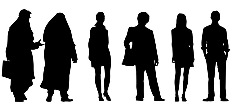 Diverse group of people in silhouette, standing side by side on a white background, diversity
