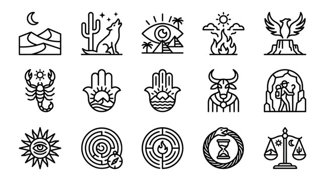 Various symbolic icons and signs.