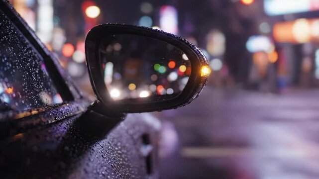 Reflective Car Mirror Capturing Raindrops and City Lights at Night: A Glimpse into Urban Life with an Artistic Focus on Wet Surfaces and Vibrant Colors