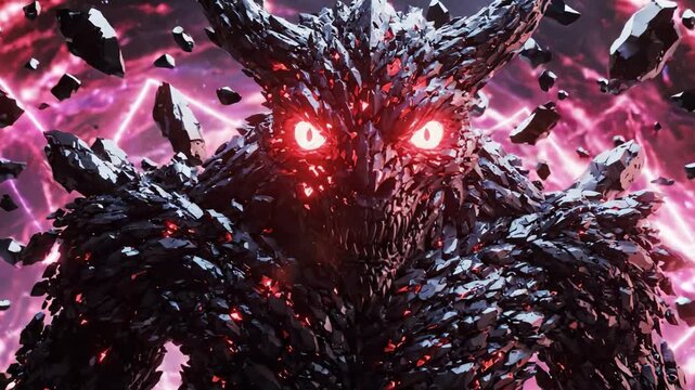 An Epic Encounter with a Colossal Creature: A Dark Entity Emerging from Shattered Space with Glowing Red Eyes Under Cosmic Light