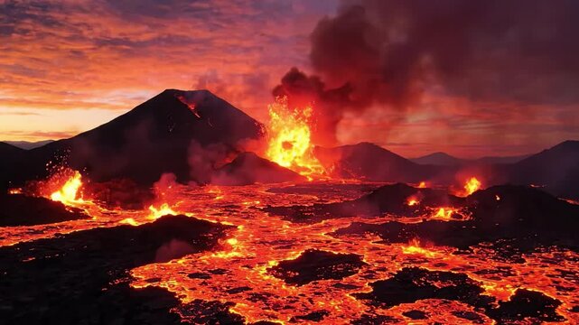 A Captivating Display of Volcanic Eruption at Dusk: Spectacular Lava Flow and Fiery Explosions Illuminate the Mountainous Landscape