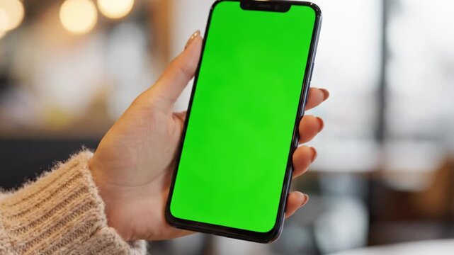 A Hand Holding a Smartphone with a Vibrant Green Screen, Perfect for Displaying Content or Creating Engaging Visuals in Casual Settings.