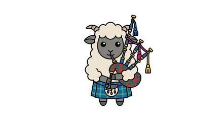 Cute cartoon sheep playing bagpipes in tartan kilt, isolated on white © SyeilavinaIsna