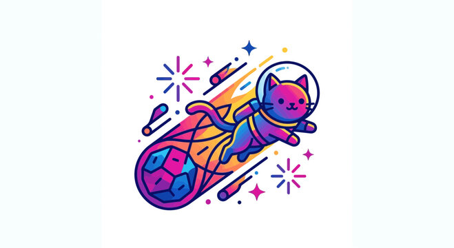 Cute Cat Astronaut Riding a Comet in Outer Space, Colorful Illustration