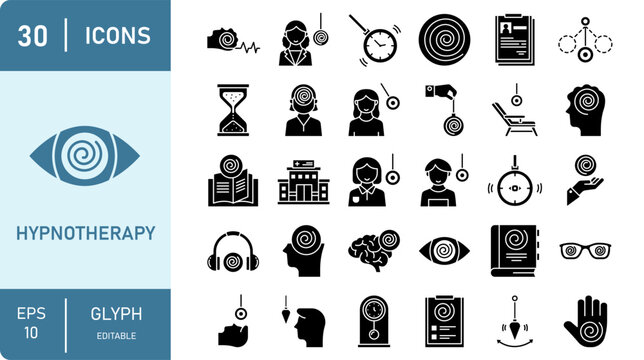 Hypnotherapy icon set, hypnosis spiral pendulum mind therapy relaxation session glyph icons