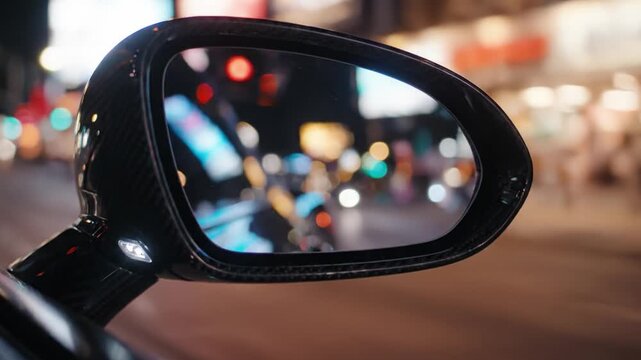 A Captivating Night Scene Reflected in a Car's Side Mirror, Showcasing Vibrant City Lights and Colorful Billboards in a Dynamic Urban Environment