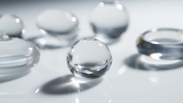 Clear glass spheres rolling on bright reflective surface