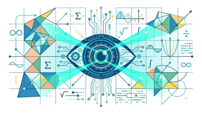 Cybernetic biometric eye scanning complex mathematical data and geometric shapes flat design vector illustration