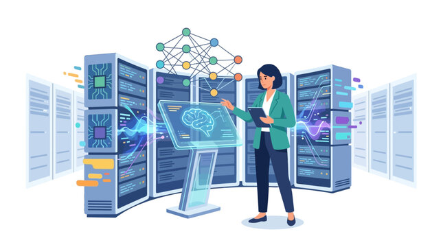 Female AI researcher training neural network models in high tech data center server room flat vector illustration.